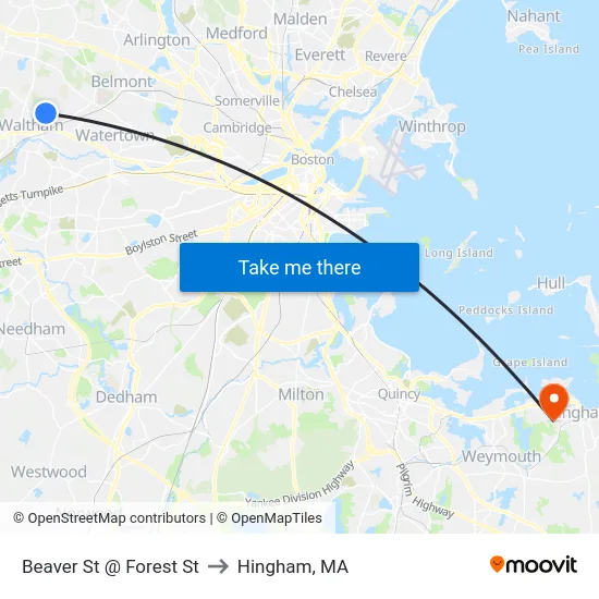 Beaver St @ Forest St to Hingham, MA map