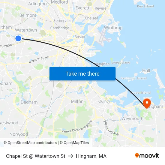 Chapel St @ Watertown St to Hingham, MA map