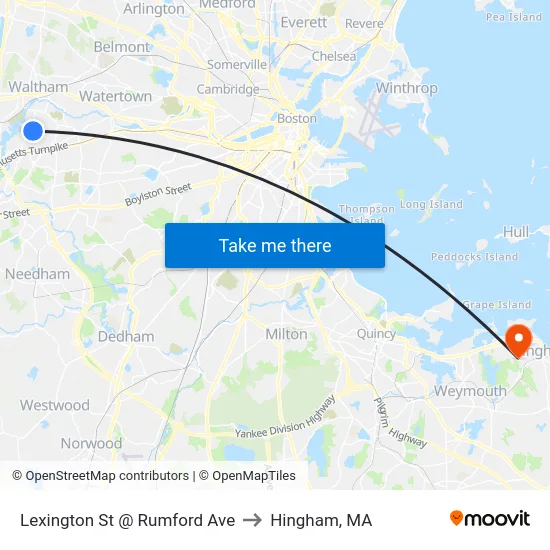 Lexington St @ Rumford Ave to Hingham, MA map
