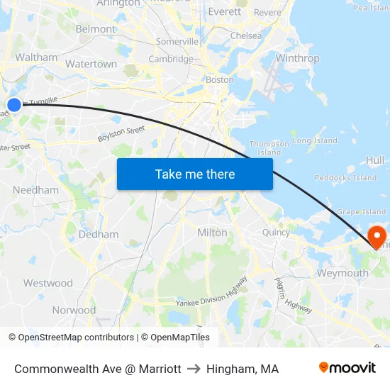 Commonwealth Ave @ Marriott to Hingham, MA map