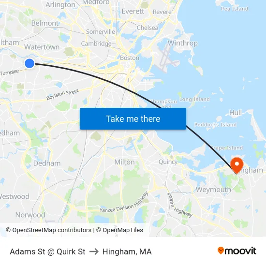 Adams St @ Quirk St to Hingham, MA map