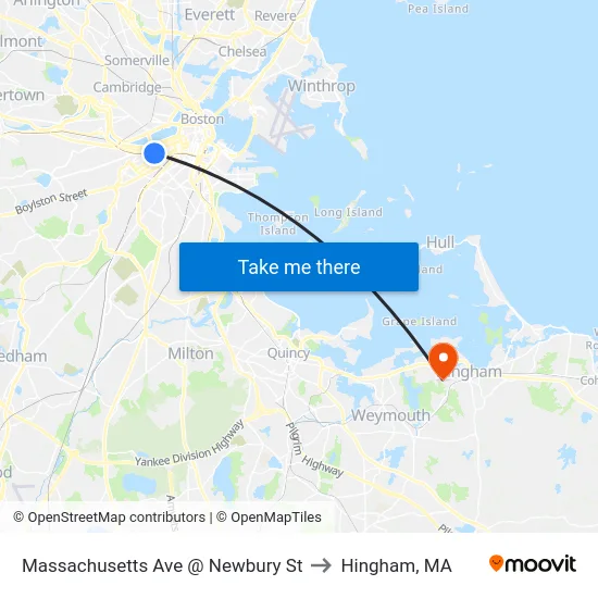 Massachusetts Ave @ Newbury St to Hingham, MA map