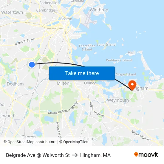 Belgrade Ave @ Walworth St to Hingham, MA map