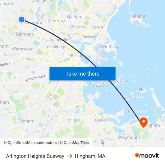 Arlington Heights Busway to Hingham, MA map