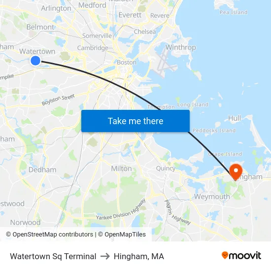 Watertown Sq Terminal to Hingham, MA map