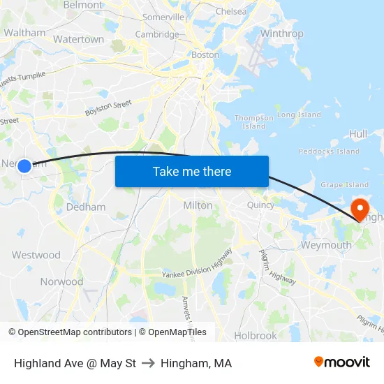 Highland Ave @ May St to Hingham, MA map