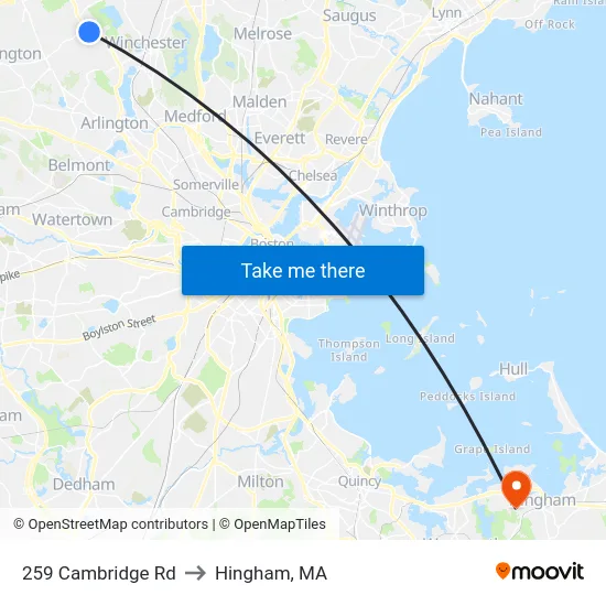 259 Cambridge Rd to Hingham, MA map