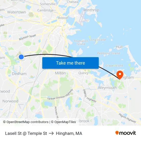Lasell St @ Temple St to Hingham, MA map