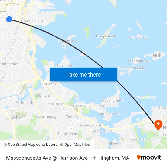 Massachusetts Ave @ Harrison Ave to Hingham, MA map