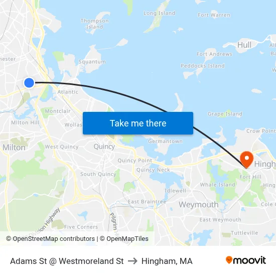 Adams St @ Westmoreland St to Hingham, MA map
