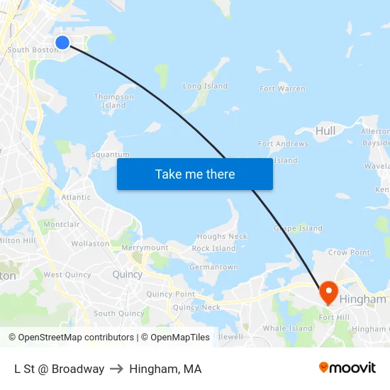 L St @ Broadway to Hingham, MA map