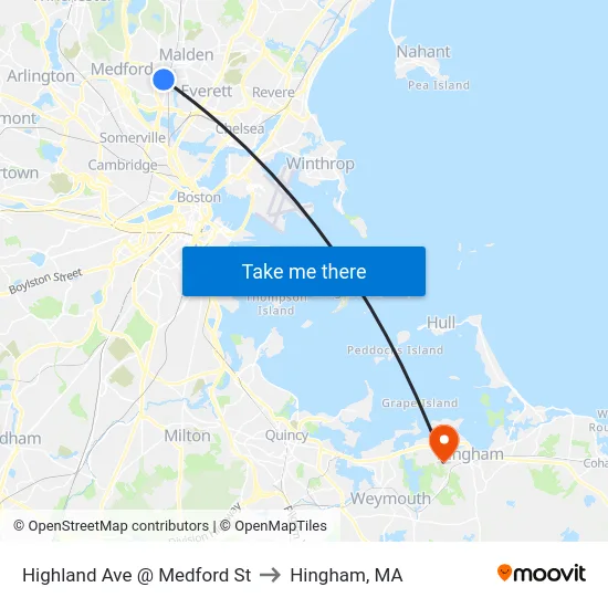 Highland Ave @ Medford St to Hingham, MA map