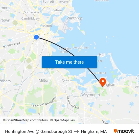 Huntington Ave @ Gainsborough St to Hingham, MA map