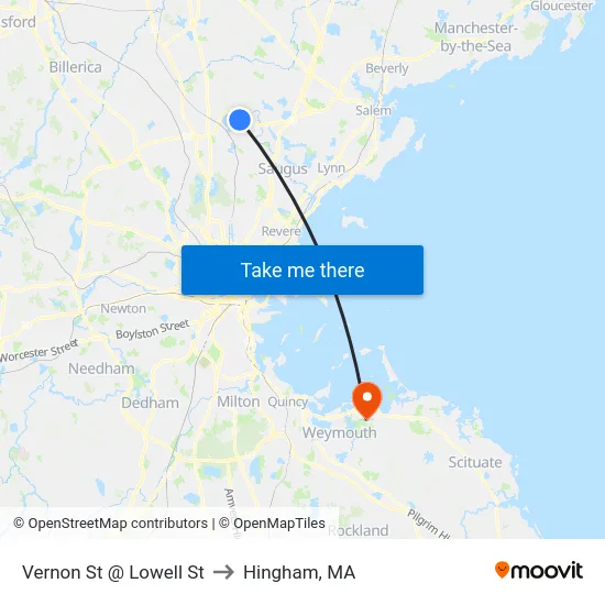 Vernon St @ Lowell St to Hingham, MA map