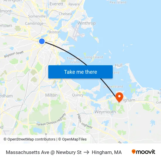 Massachusetts Ave @ Newbury St to Hingham, MA map