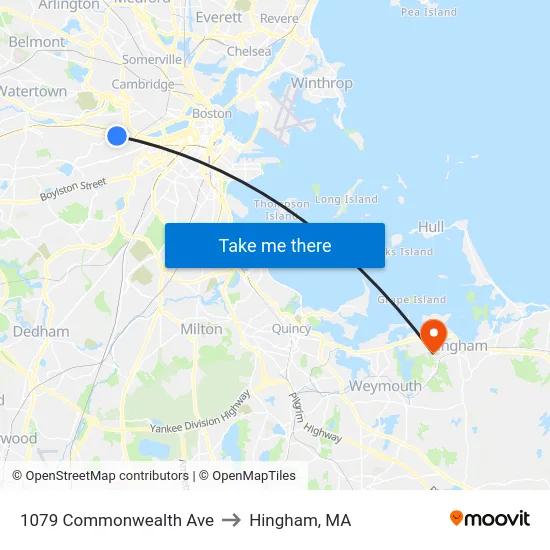 1079 Commonwealth Ave to Hingham, MA map