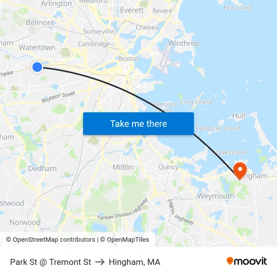 Park St @ Tremont St to Hingham, MA map
