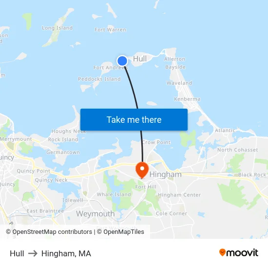 Hull to Hingham, MA map