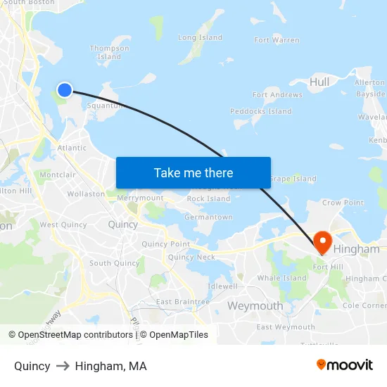 Quincy to Hingham, MA map