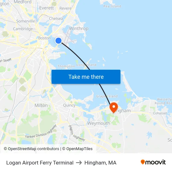 Logan Airport Ferry Terminal to Hingham, MA map
