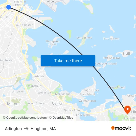 Arlington to Hingham, MA map
