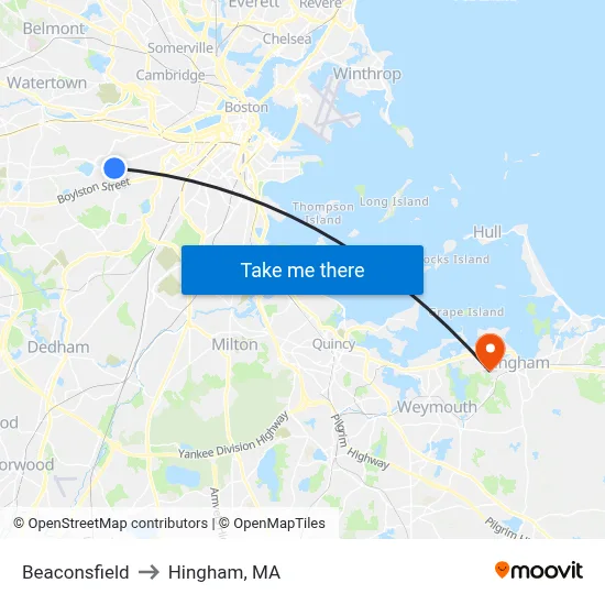 Beaconsfield to Hingham, MA map