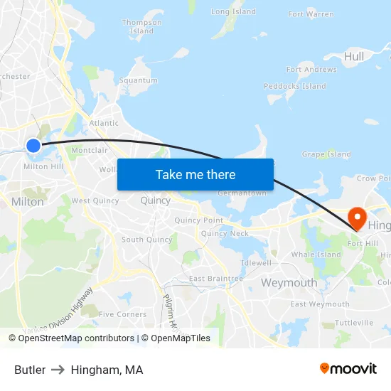 Butler to Hingham, MA map