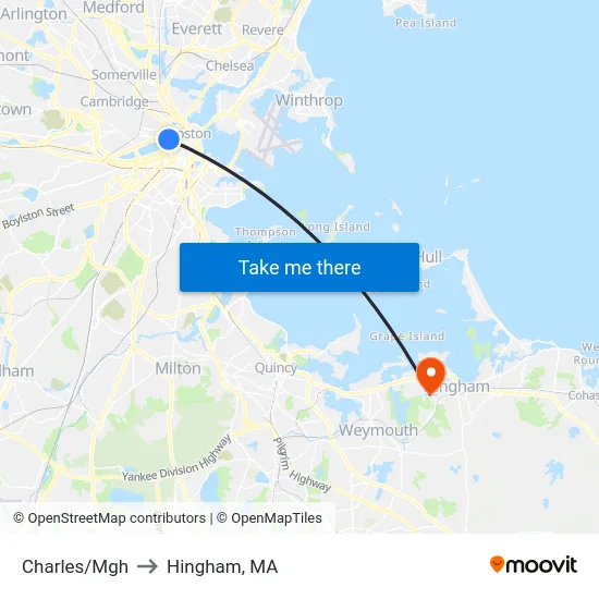 Charles/Mgh to Hingham, MA map