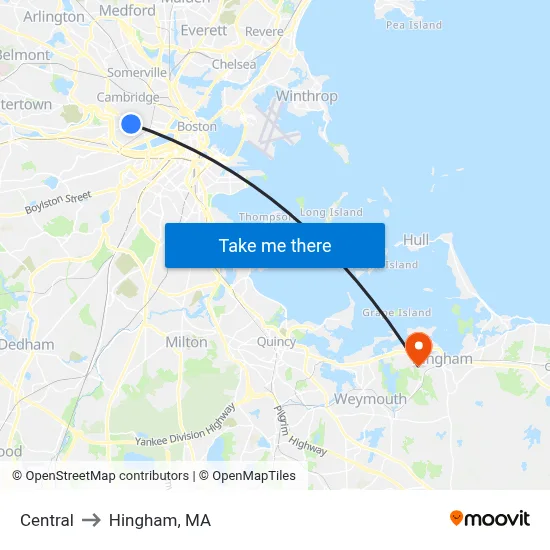 Central to Hingham, MA map