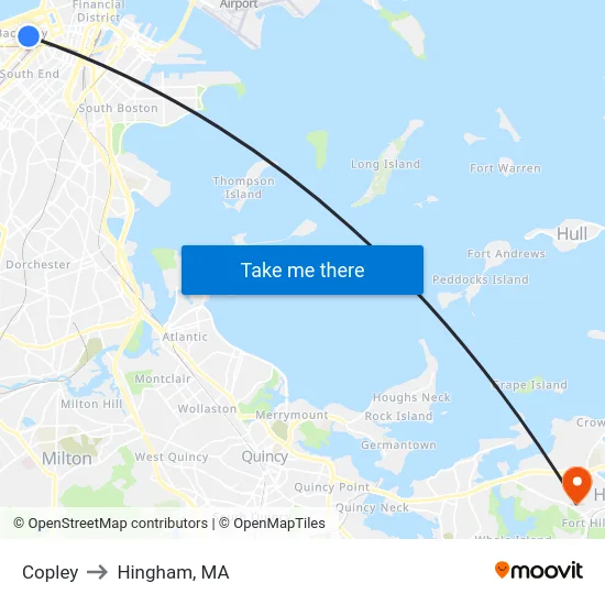 Copley to Hingham, MA map