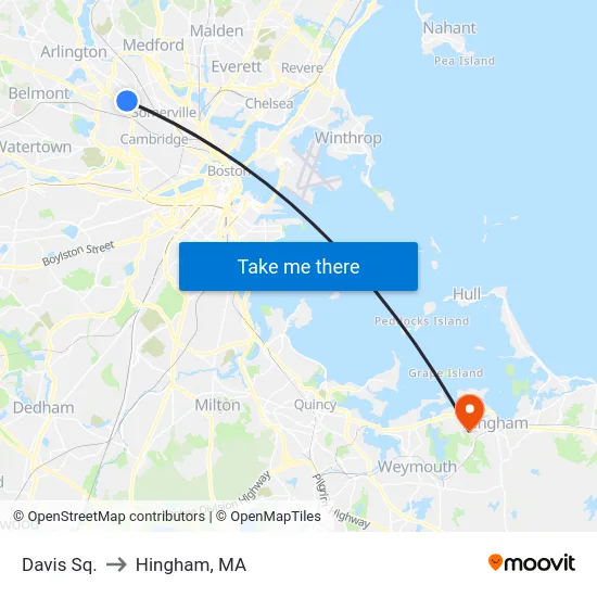 Davis Sq. to Hingham, MA map