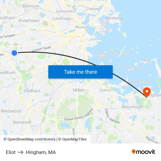 Eliot to Hingham, MA map