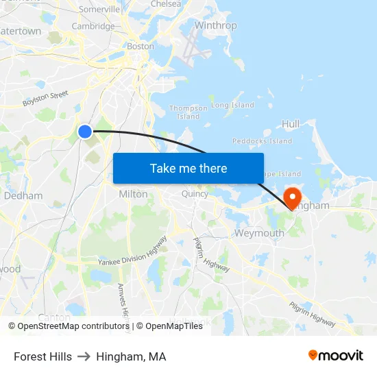Forest Hills to Hingham, MA map
