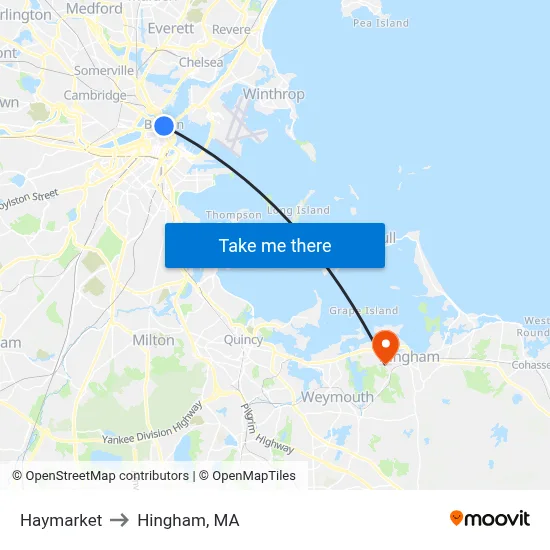 Haymarket to Hingham, MA map