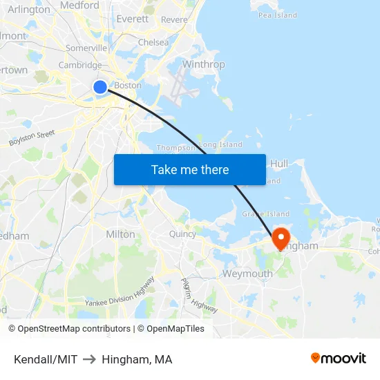 Kendall/MIT to Hingham, MA map
