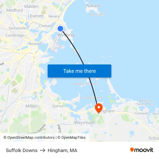 Suffolk Downs to Hingham, MA map