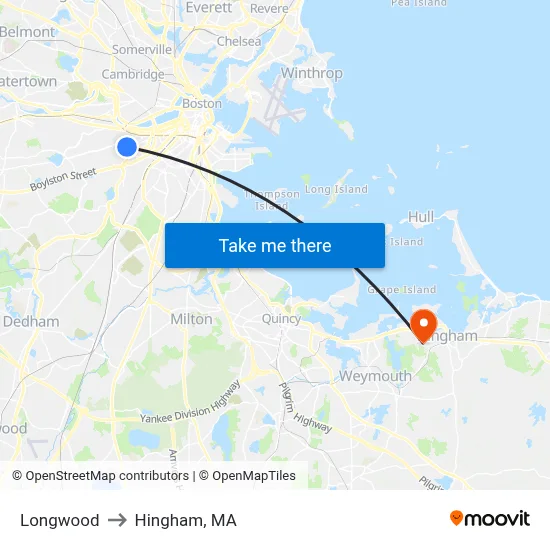 Longwood to Hingham, MA map
