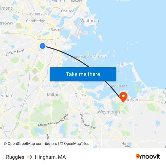 Ruggles to Hingham, MA map