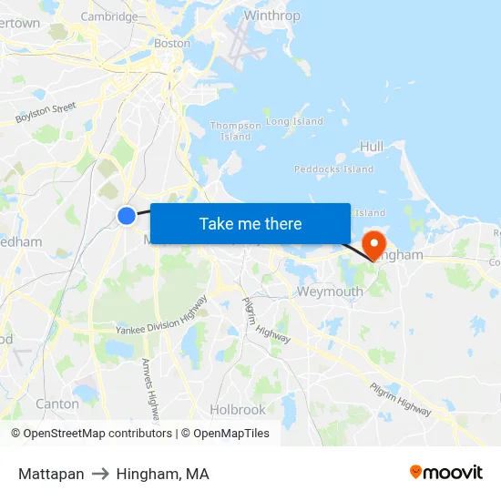 Mattapan to Hingham, MA map