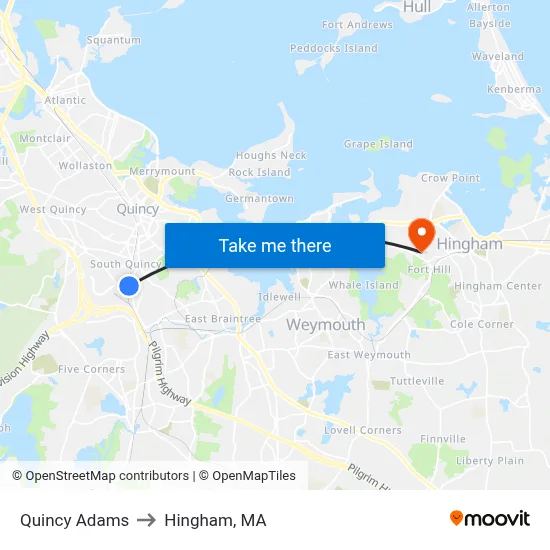 Quincy Adams to Hingham, MA map
