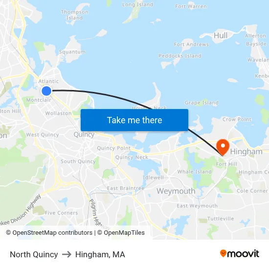 North Quincy to Hingham, MA map
