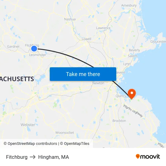 Fitchburg to Hingham, MA map