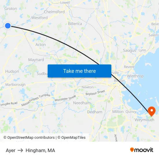 Ayer to Hingham, MA map