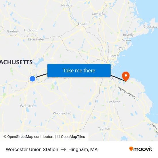 Worcester Union Station to Hingham, MA map