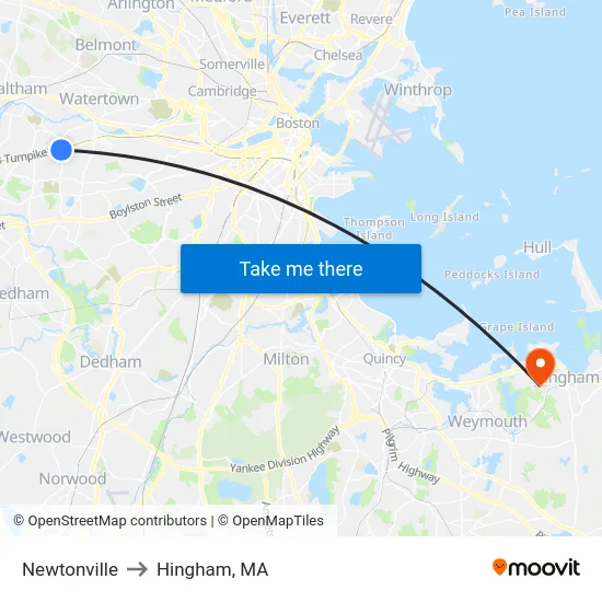 Newtonville to Hingham, MA map