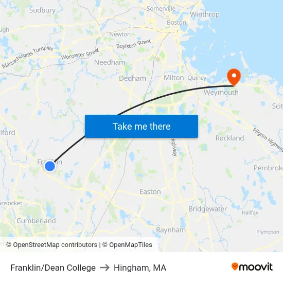 Franklin/Dean College to Hingham, MA map