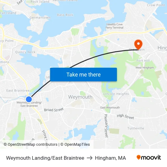 Weymouth Landing/East Braintree to Hingham, MA map