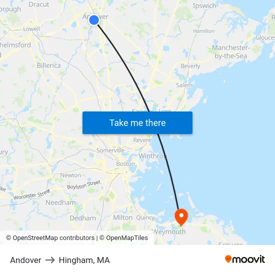 Andover to Hingham, MA map