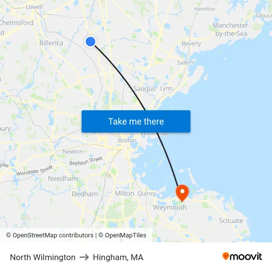 North Wilmington to Hingham, MA map
