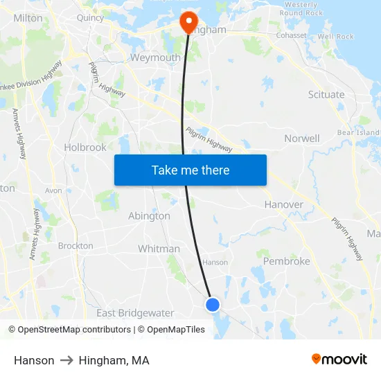 Hanson to Hingham, MA map